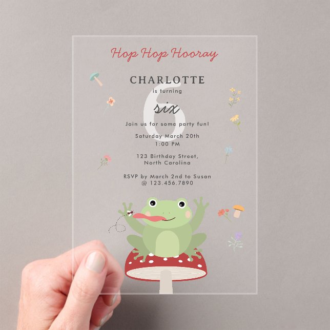 Cute Frog Hop Hop Hooray Mushroom Floral Birthday Acrylic Invitations (Insitu (Handheld))