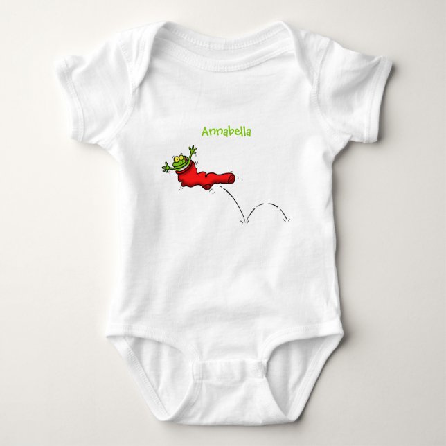 Cute frog in a red sock jumping cartoon baby bodysuit (Front)