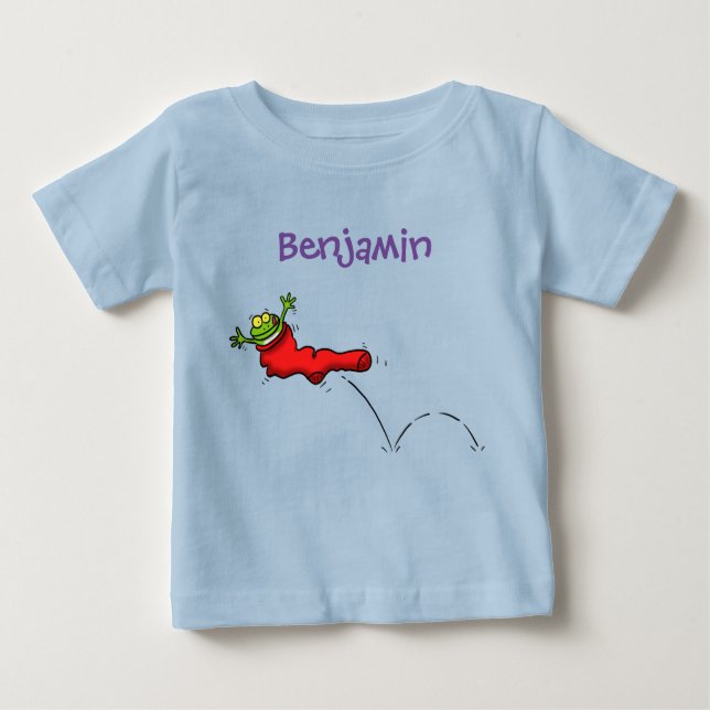Cute frog in a red sock jumping cartoon baby T-Shirt (Front)