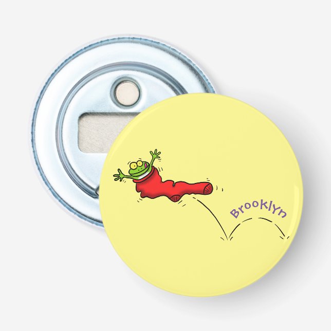 Cute frog in a red sock jumping cartoon bottle opener (Front)