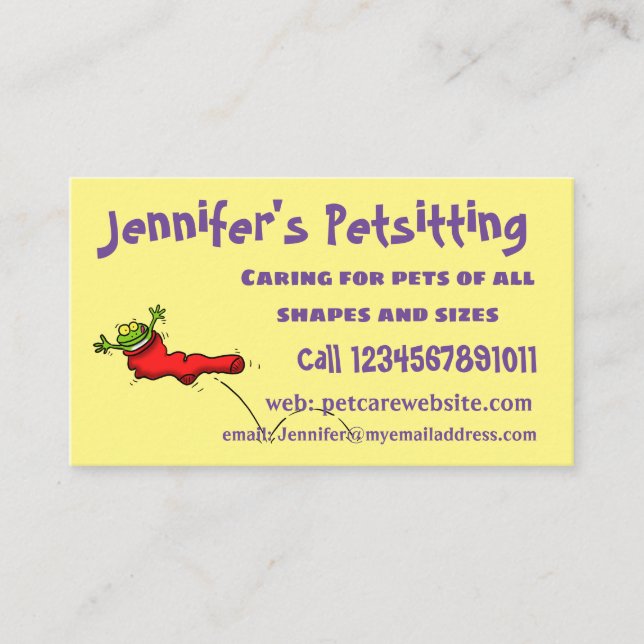 Cute frog in a red sock jumping cartoon business card (Front)