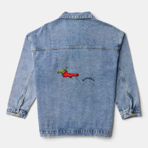 Cute frog in a red sock jumping cartoon denim jacket