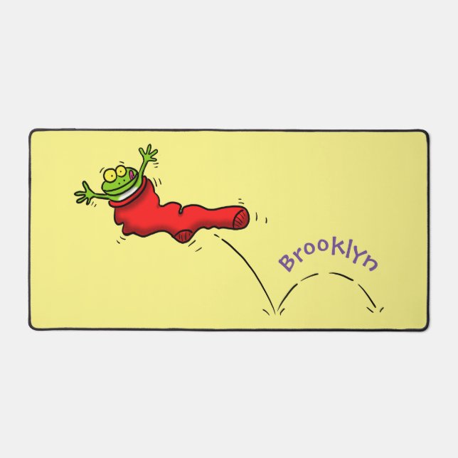 Cute frog in a red sock jumping cartoon desk mat (Front)