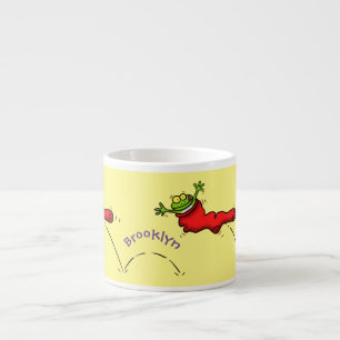 Cute frog in a red sock jumping cartoon espresso cup