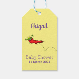 Cute frog in a red sock jumping cartoon gift tags