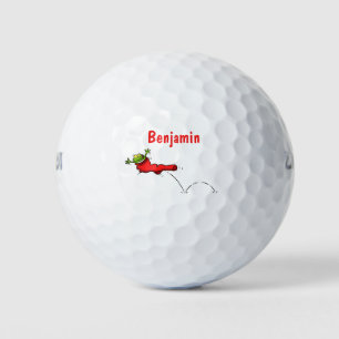 Cute frog in a red sock jumping cartoon golf balls