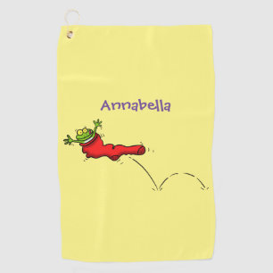 Cute frog in a red sock jumping cartoon golf towel