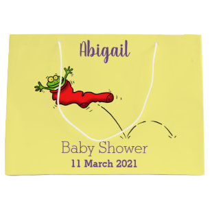 Cute frog in a red sock jumping cartoon large gift bag