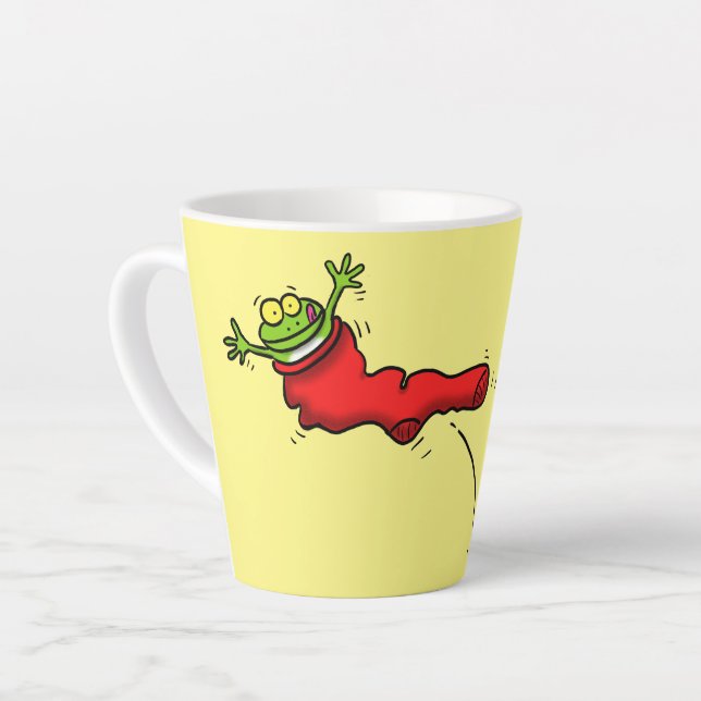 Cute frog in a red sock jumping cartoon latte mug (Left Angle)