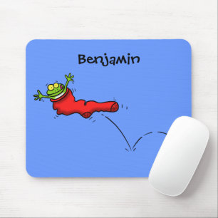 Cute frog in a red sock jumping cartoon mouse pad