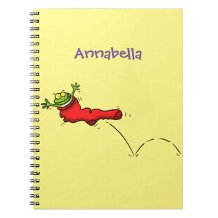 Cute frog in a red sock jumping cartoon notebook