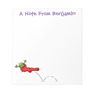Cute frog in a red sock jumping cartoon notepad