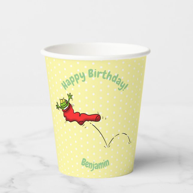 Cute frog in a red sock jumping cartoon paper cups (Front)