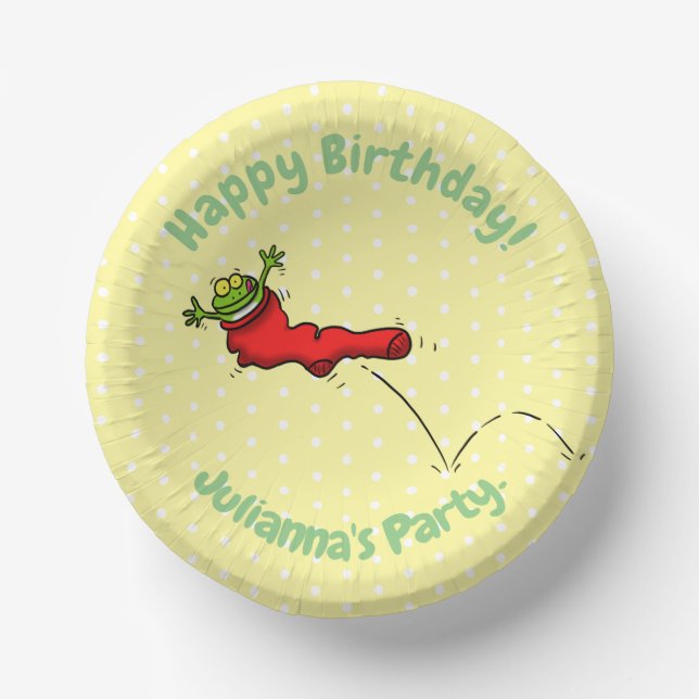 Cute frog in a red sock jumping cartoon paper plate (Front)