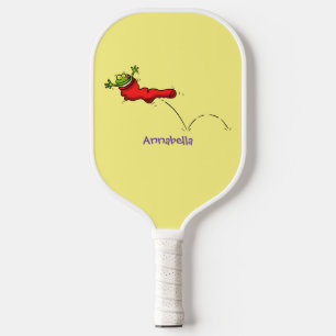 Cute frog in a red sock jumping cartoon pickleball paddle