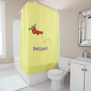 Cute frog in a red sock jumping cartoon shower curtain