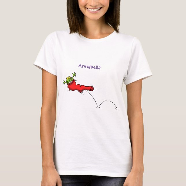 Cute frog in a red sock jumping cartoon T-Shirt (Front)