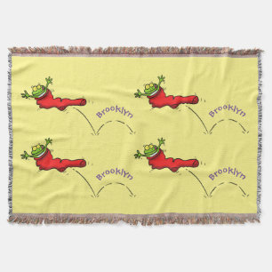 Cute frog in a red sock jumping cartoon throw blanket