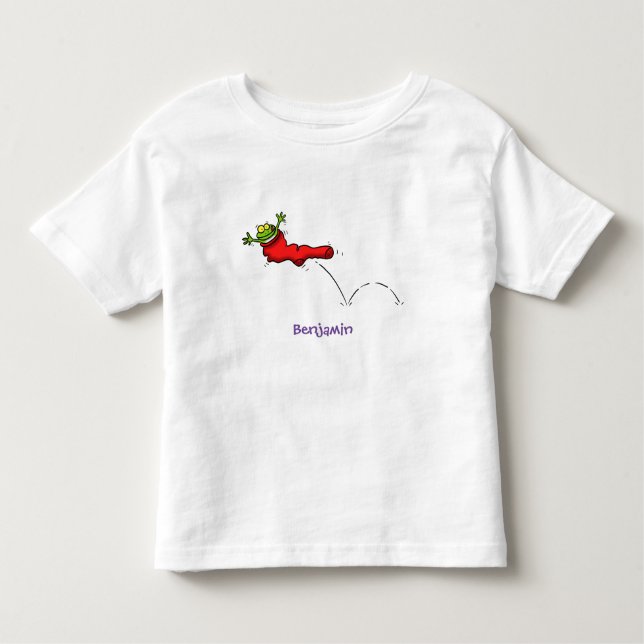 Cute frog in a red sock jumping cartoon toddler T-Shirt (Front)