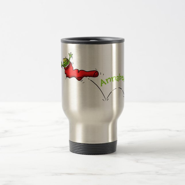 Cute frog in a red sock jumping cartoon travel mug (Center)
