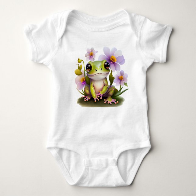Cute Frog in Flowers Baby Bodysuit (Front)