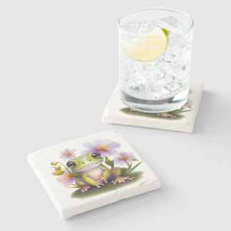 Cute Frog in Flowers Stone Coaster