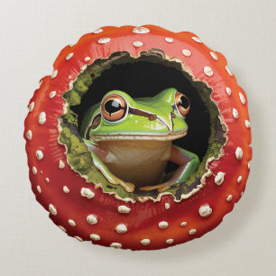 Cute Frog in Mushroom – Whimsical Cottagecore Frog Round Cushion