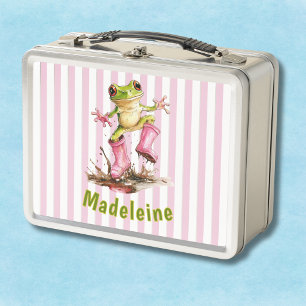 Cute Frog in Pink Rain Boots Monogram Striped Metal Lunch Box