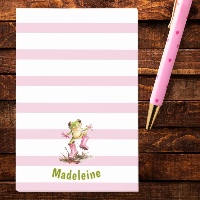 Cute Frog in Pink Rain Boots Monogram Striped Post-it Notes (Creator Uploaded)