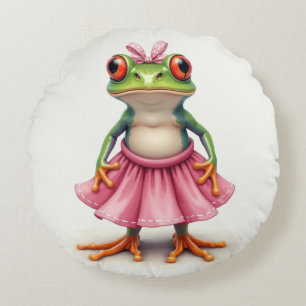 Cute Frog in Pink Round Cushion