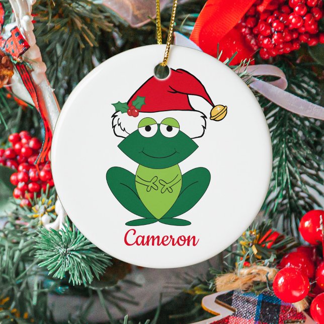 Cute Frog in Santa Hat Custom Kids Christmas Ceramic Ornament (Creator Uploaded)