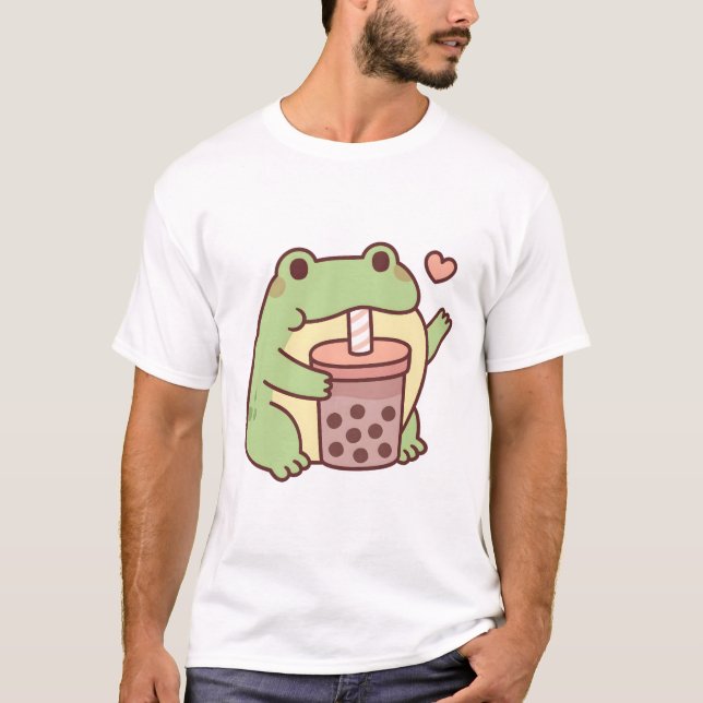 Cute Frog Loves Drinking Bubble Tea  T-Shirt (Front)