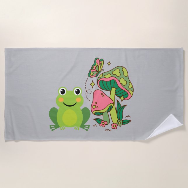 cute frog, mushrooms and butterfly beach towel (Front)