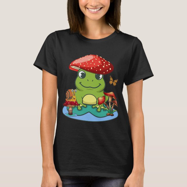 Cute Frog Mushrooms Hat Snail Butterfly T-Shirt (Front)