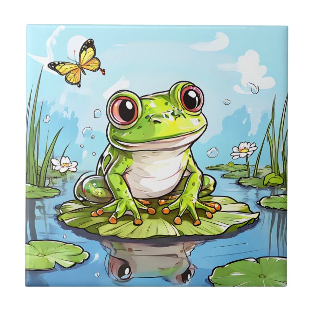 Cute Frog on a Lily Pad Cute Personalised Ceramic Tile (Front)