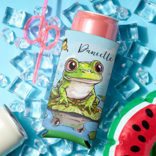 Cute Frog on a Lily Pad Cute Personalised Seltzer Can Cooler