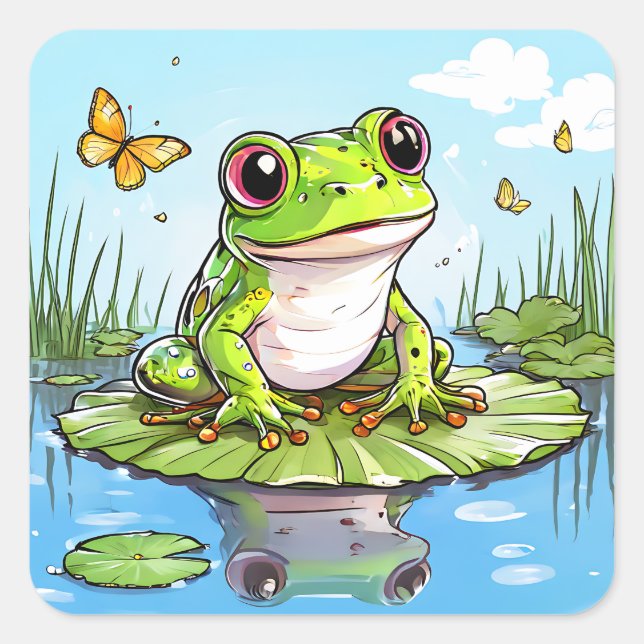 Cute Frog on a Lily Pad Square Sticker (Front)
