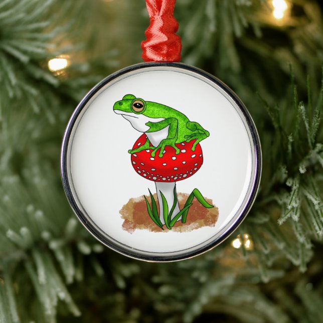 Cute Frog on a Mushroom Christmas Metal Ornament (Tree)