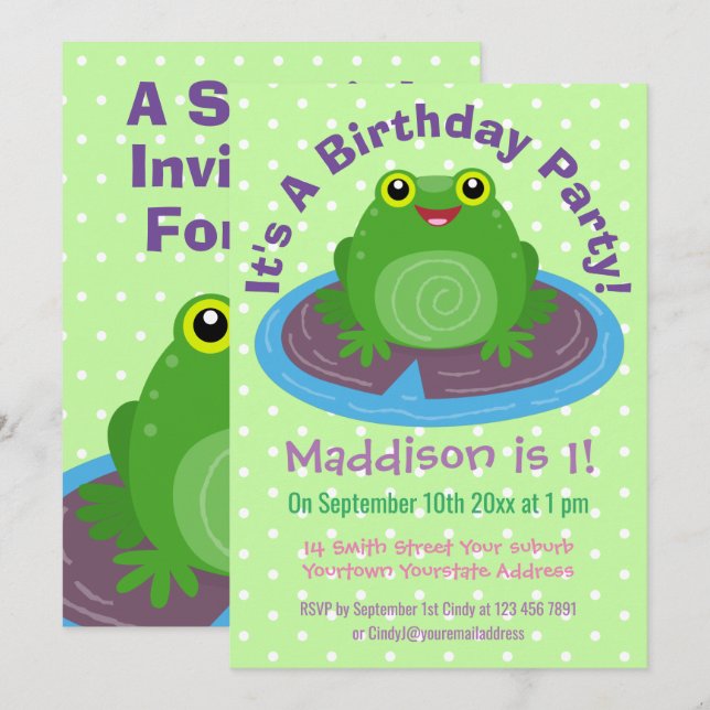 Cute frog on lily pad cartoon illustration invitation (Front/Back)