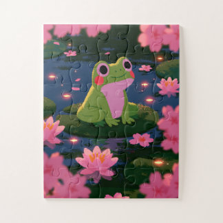 Cute Frog on Lily Pad Pink Lotus Flowers Pond  Jigsaw Puzzle
