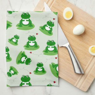 Cute Frog On Lily Pad With Ladybugs Pattern Tea Towel
