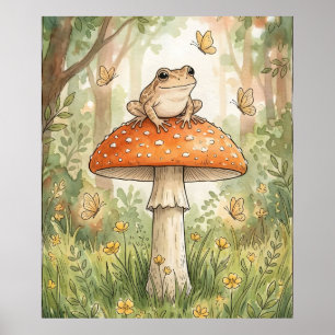 Cute Frog on Mushroom Woodland Cottagecore Poster