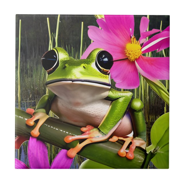 Cute Frog on Pink Flower Branch   Ceramic Tile (Front)