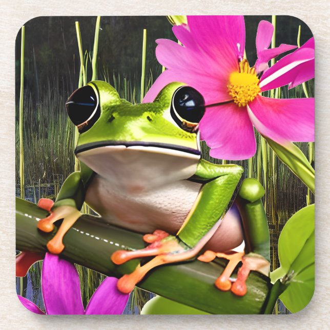 Cute Frog on Pink Flower Branch   Coaster (Front)