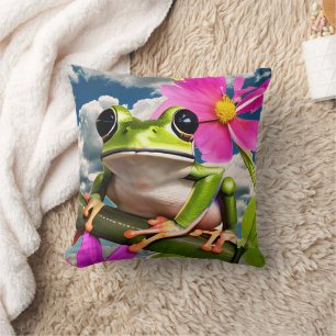 Cute Frog on Pink Flower Branch with Clouds Cushion