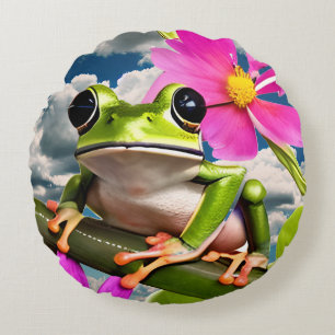 Cute Frog on Pink Flower Branch with Clouds Round Cushion