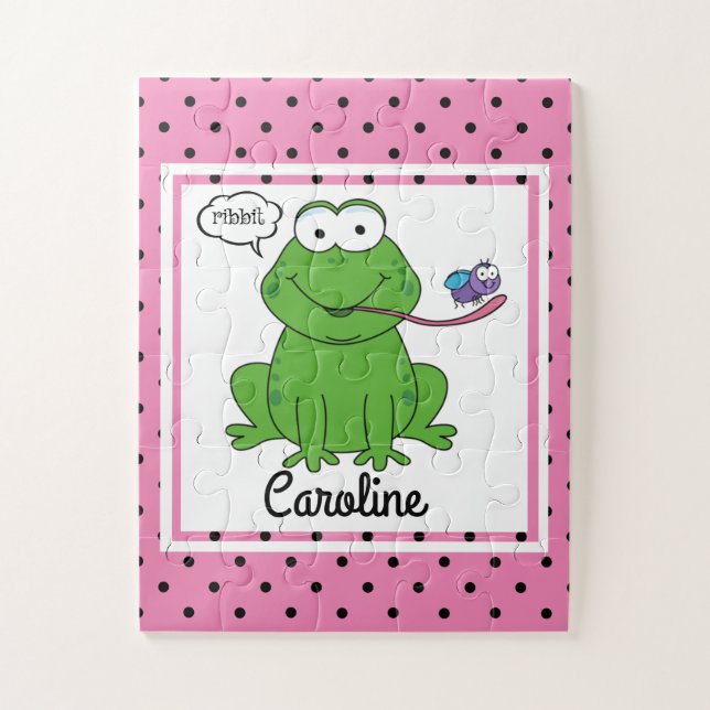 Cute Frog on Polka Dots, Personalized Kids Jigsaw Puzzle (Vertical)