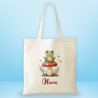 Cute Frog on Red Mushroom Tote Bag