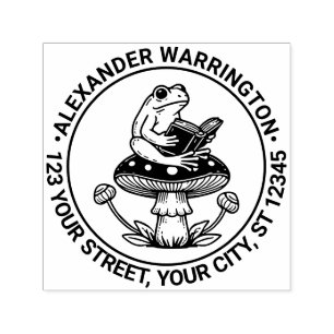 Cute Frog on Toadstool Reading Name Return Address Self-inking Stamp
