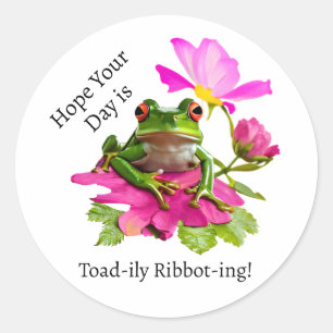 Cute Frog or Toad Pun on Pink Flowers Classic Round Sticker